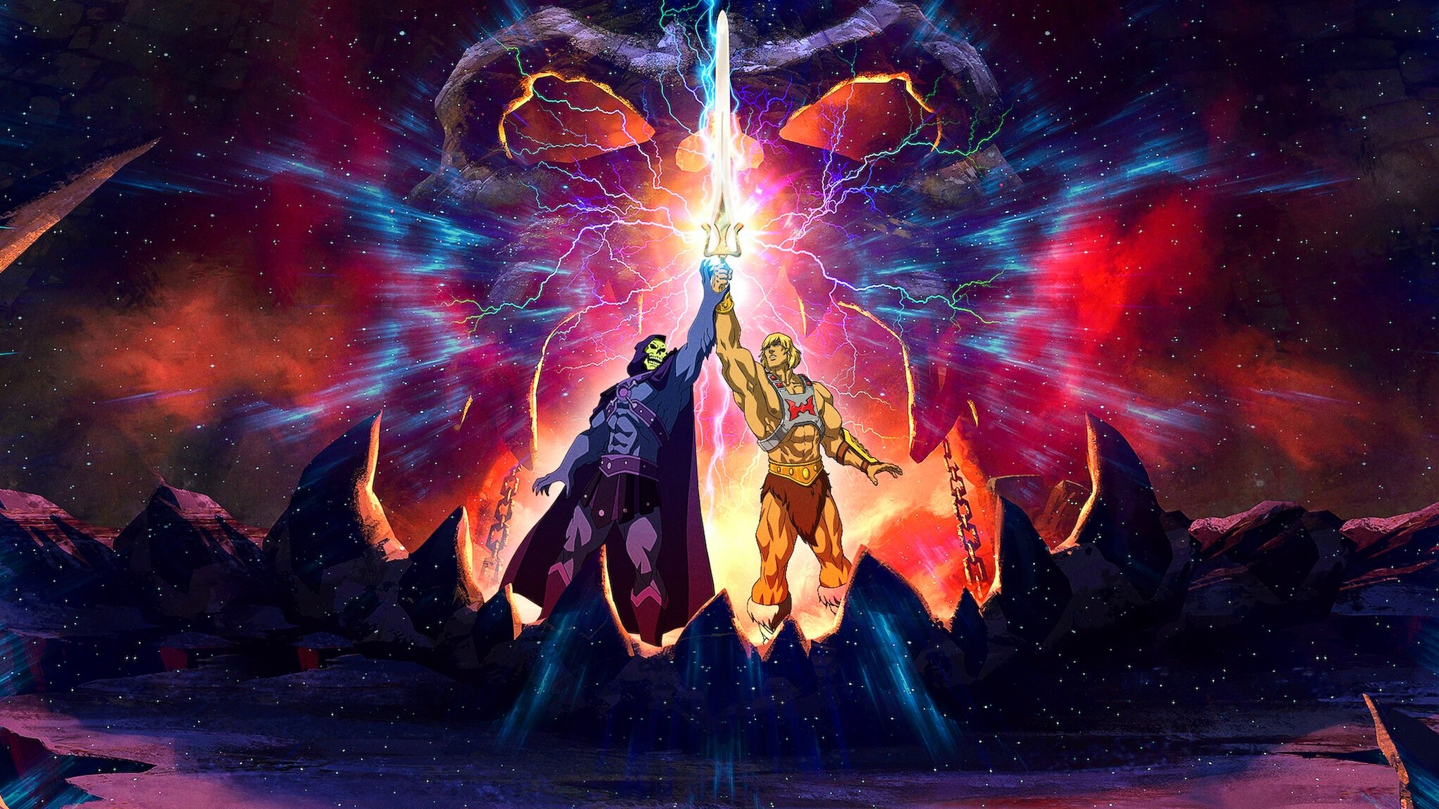 He-Man, played by Nicholas Galitzine, stands atop a rocky Eternian cliff holding the Power Sword aloft as lightning illuminates Castle Grayskull in the background. The mood is epic and heroic, with a dark, stormy sky. Style: cinematic concept art reminiscent of the film’s SDCC poster.